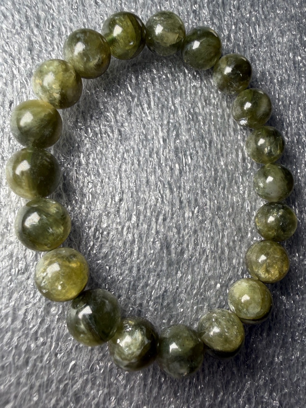Stunning Flashy 9MM Olive Green Muscovite Natural Crystal Bracelet